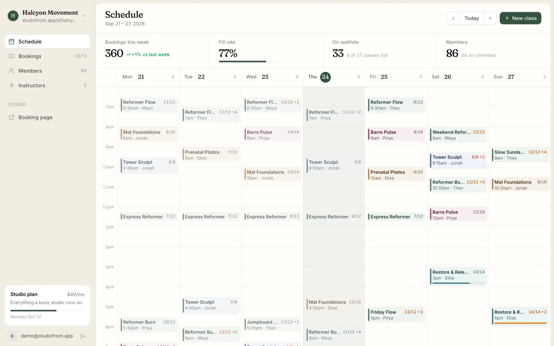 The Studiofront schedule for Halcyon Movement