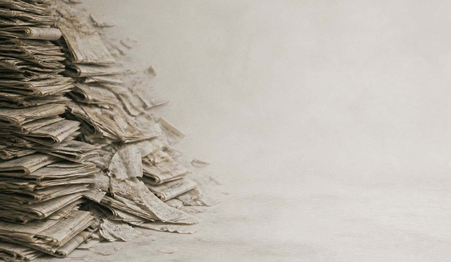 A wall of newsprint at the left opening into empty daylight at the right.