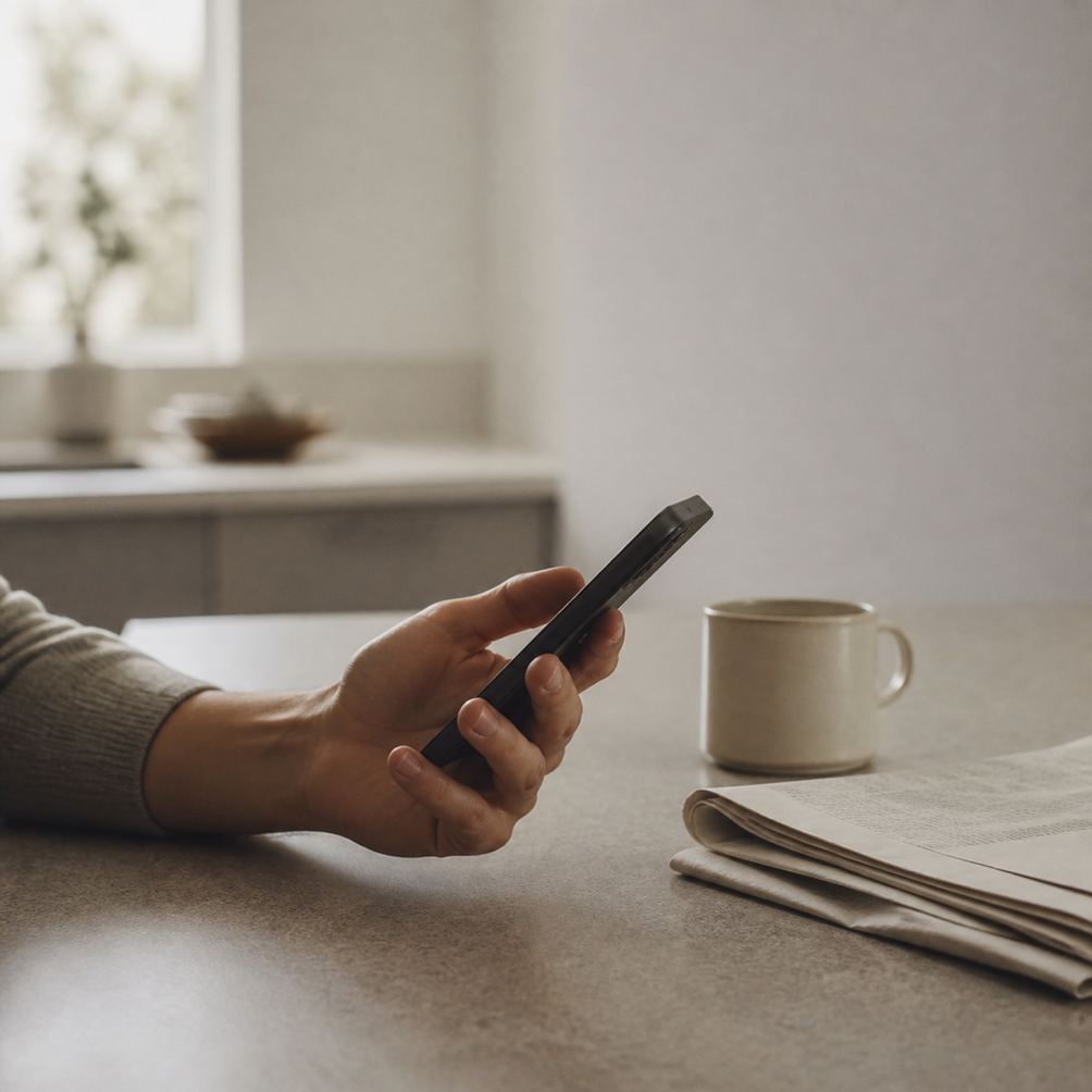 A phone held at a kitchen counter in the morning, an unread newspaper folded beside it.