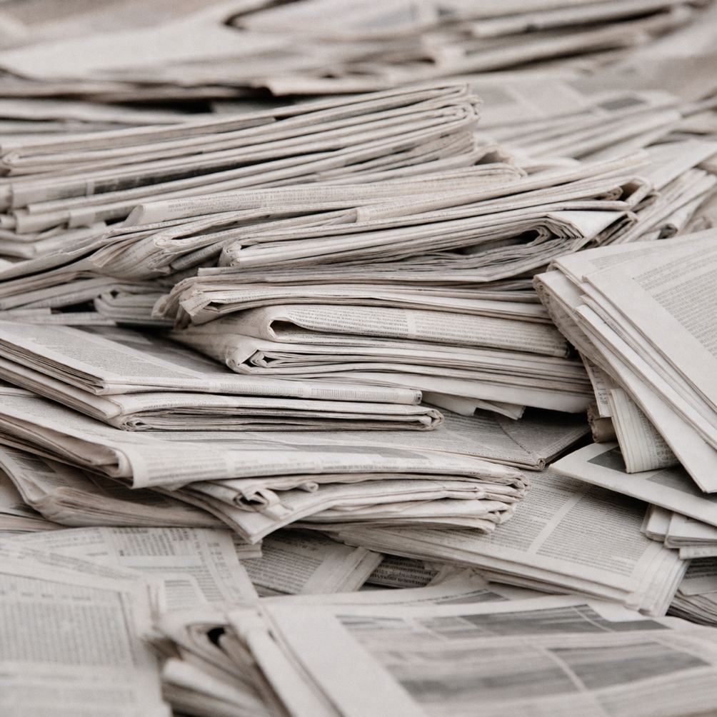 A dense stack of folded newspapers filling a table.