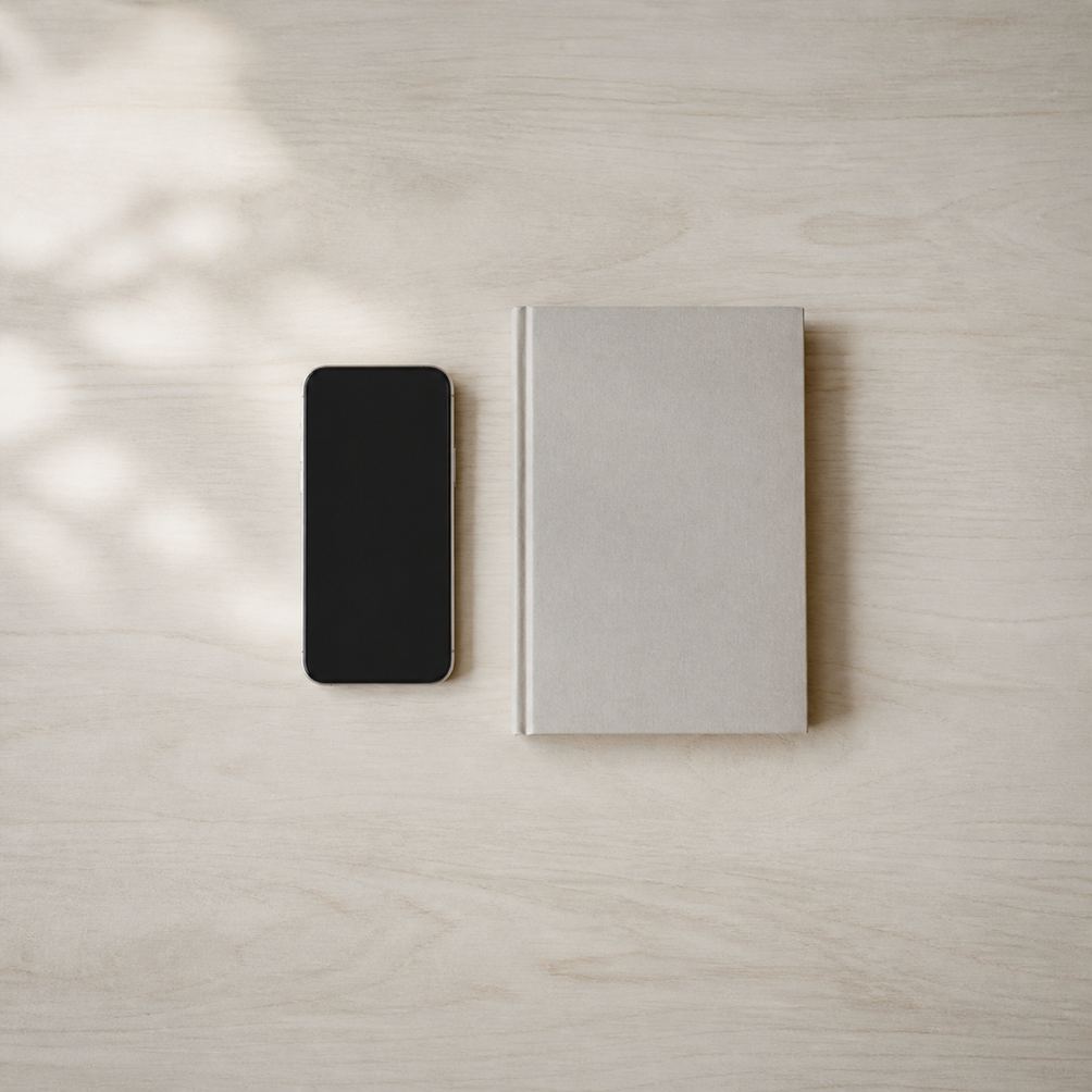 A phone lying face up alone on an empty desk in early daylight.