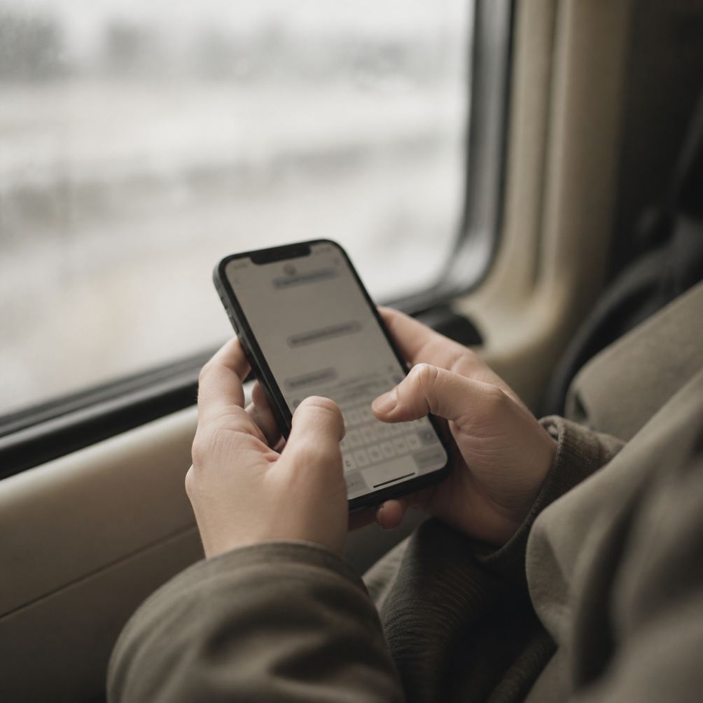 Two hands typing a short message on a phone on a train.